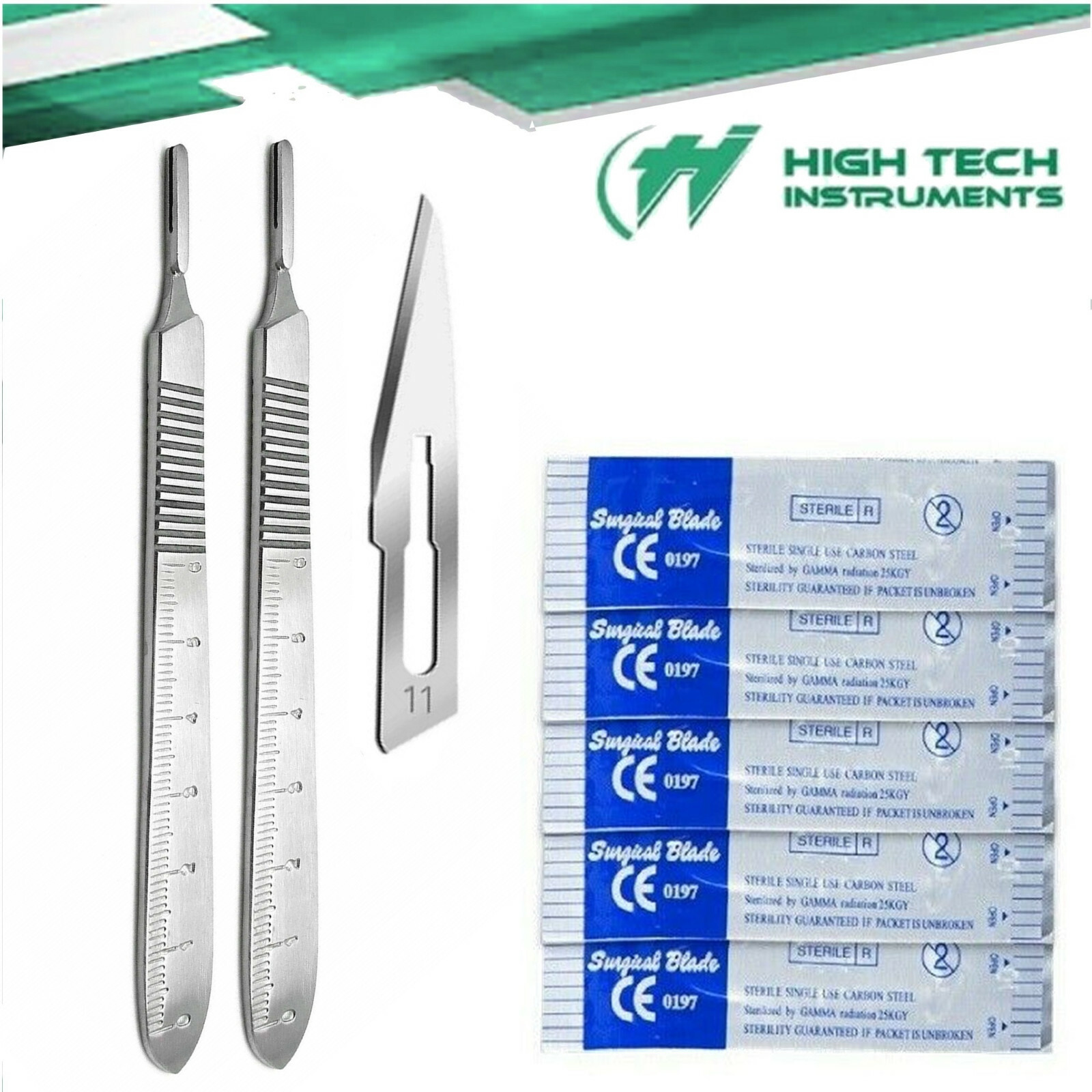 2 Scalpel Knife Handle #3 + 20 Sterile Surgical Blades #11