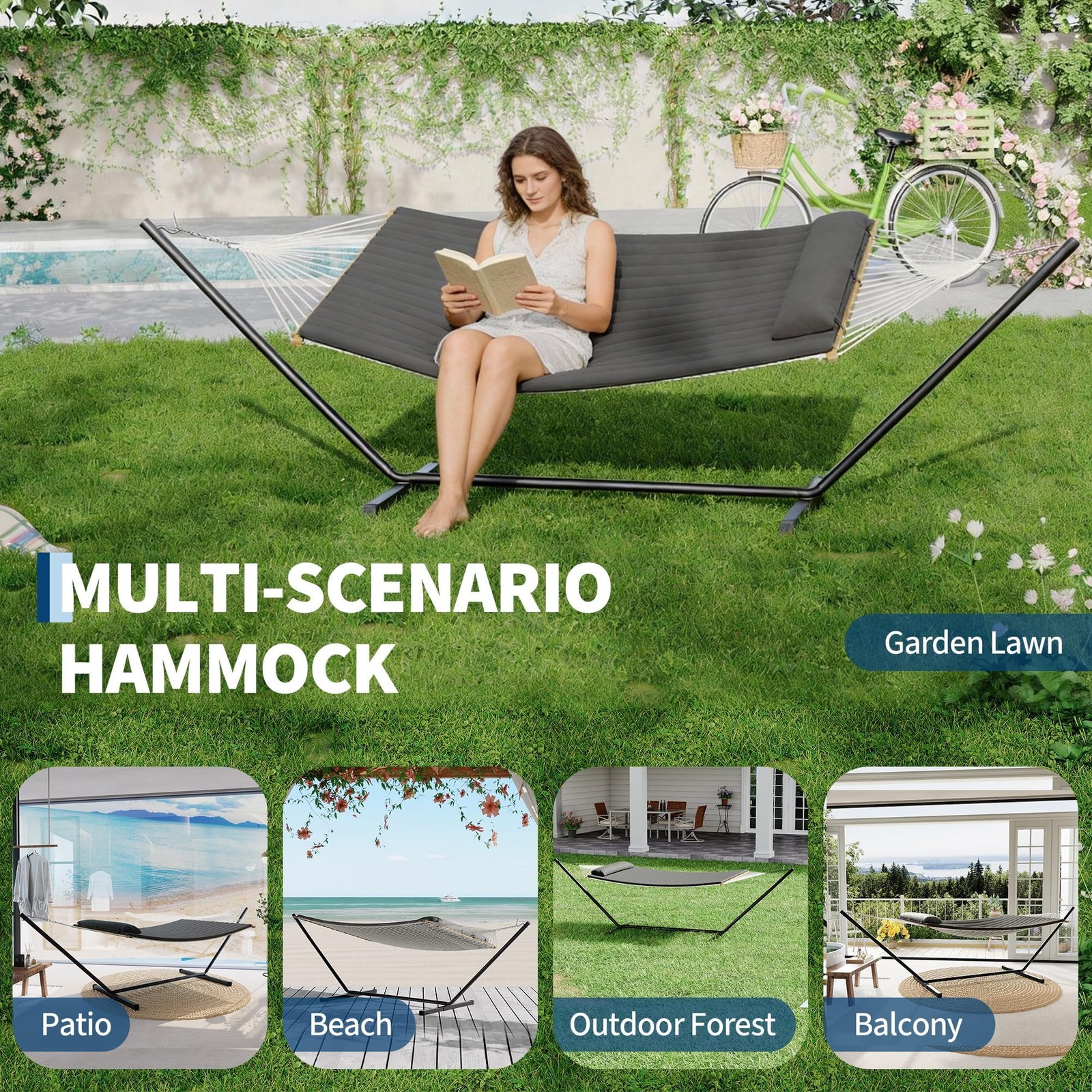 450Lb Portable Double Hammock with Stand for 2 Person W/Steel Stand for Backyard