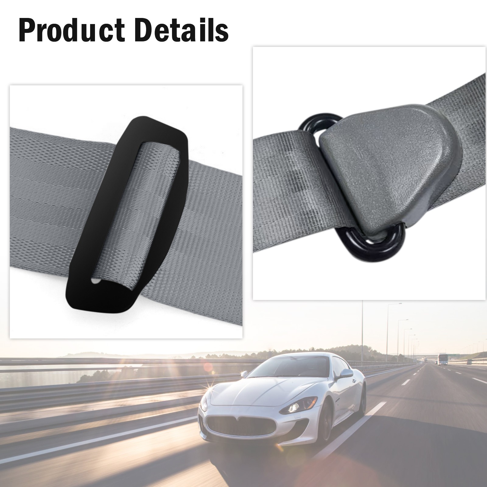 2 Retractable 3 Point Safety Gray Seat Belt Straps Vehicle Adjustable Belt Kit