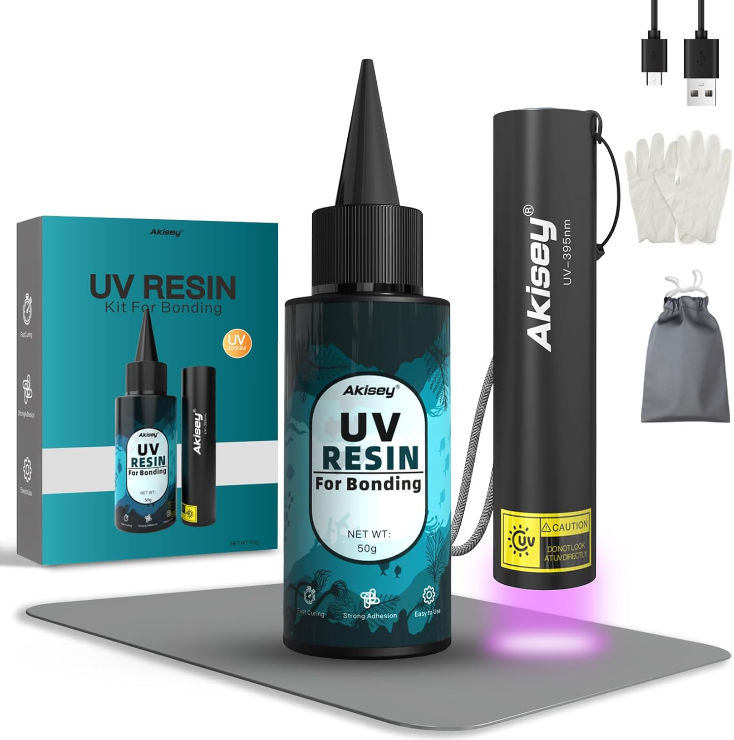 UV Resin Kit with Light, 50G UV Resin with Rechargeable 395NM UV Flashlight, Fas