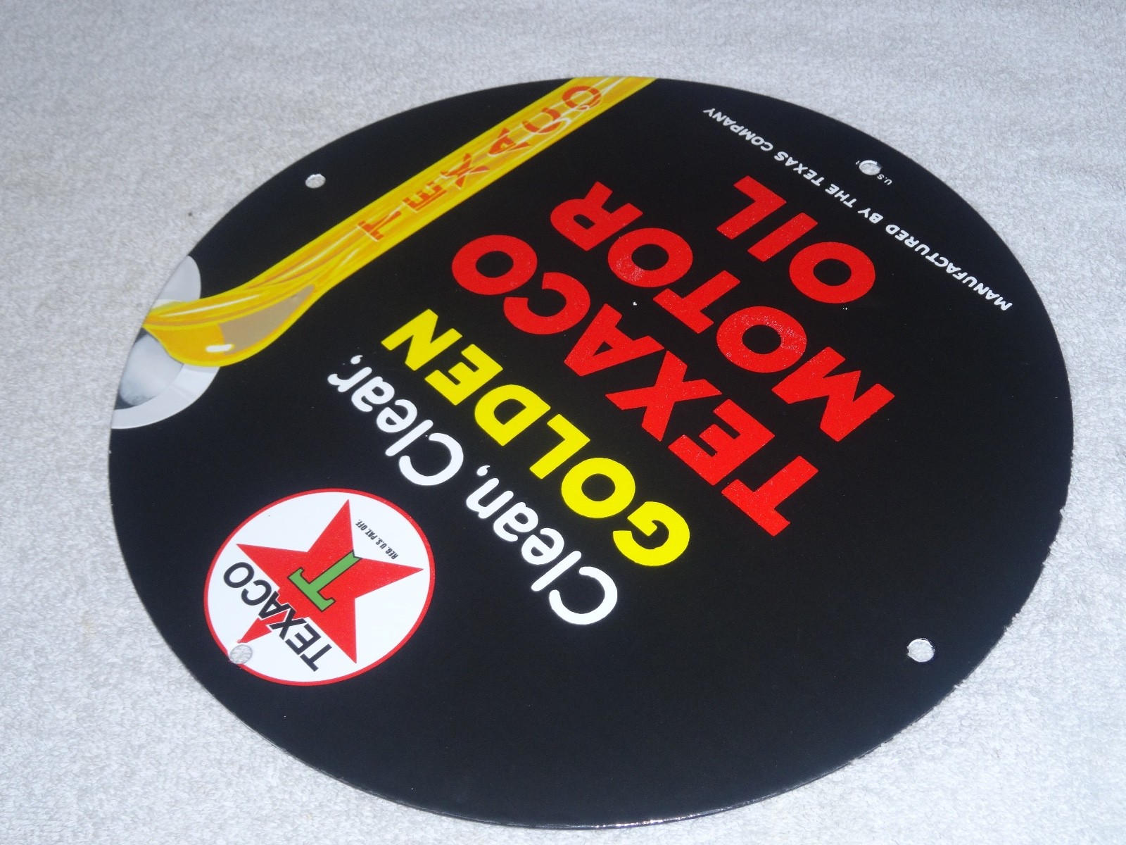 VINTAGE 1948 CLEAN, CLEAR TEXACO MOTOR OIL 11 3/4" PORCELAIN METAL GASOLINE SIGN