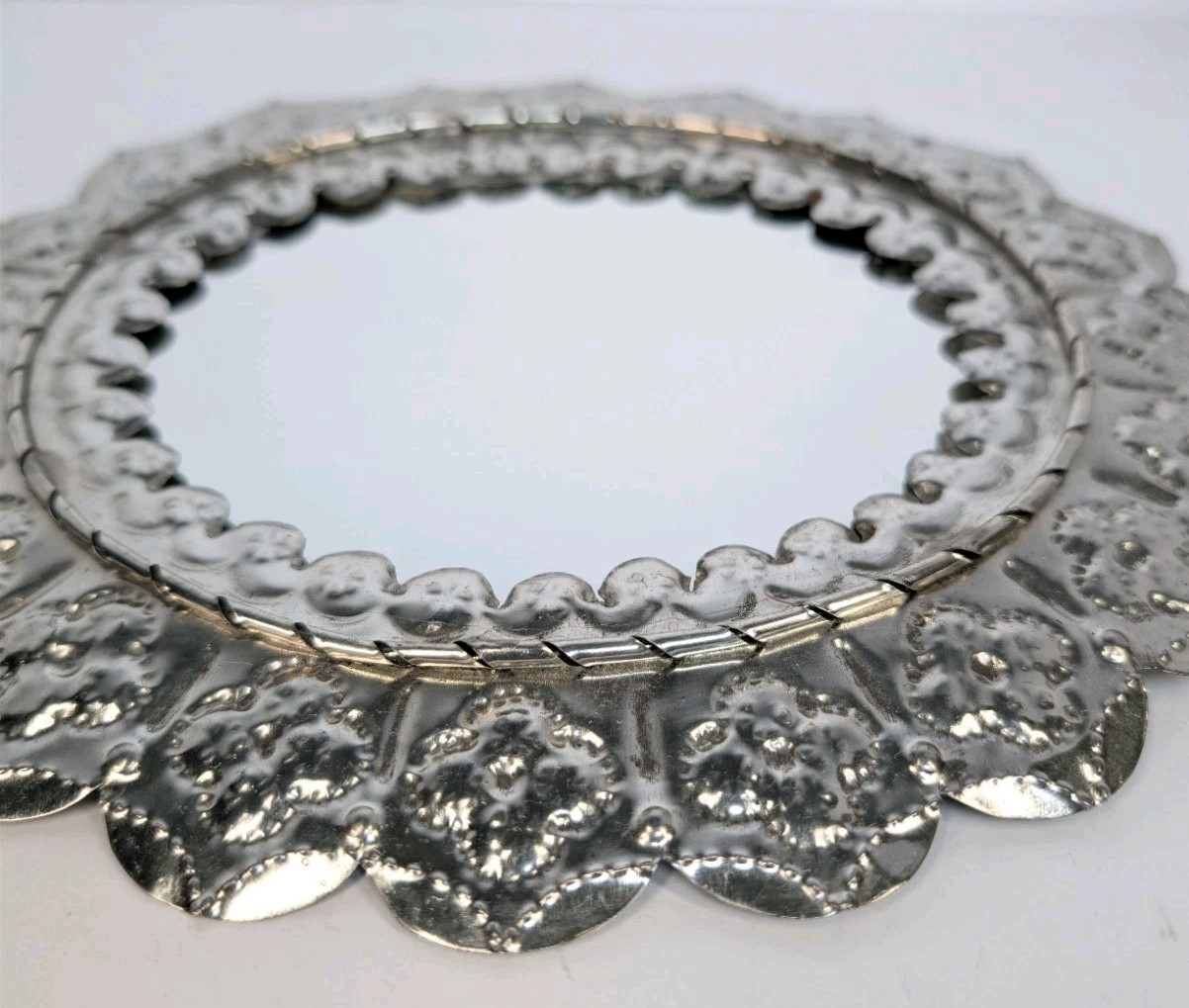 Ornate Vintage Mexican Folk Art Punched Tin Oval Mirror Wall Hanging