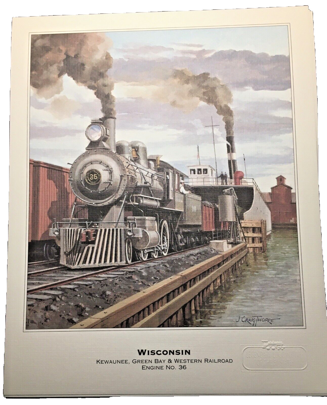 Vtg.  WISCONSIN Kewaunee, Green Bay & Western Railroad Engine No. 36 Rare  Print
