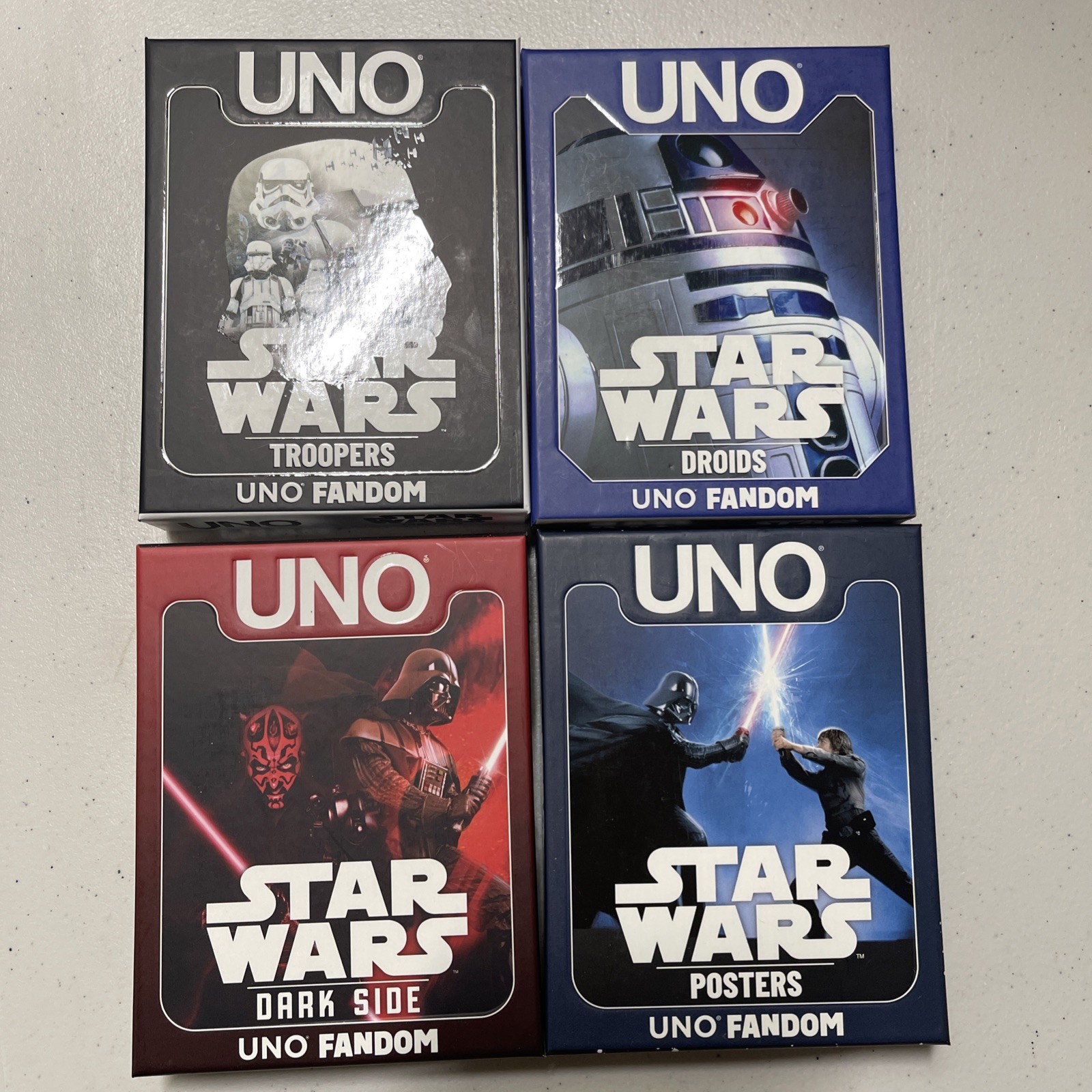 Disney Star Wars UNO Fandom Game- Posters, Troopers, DarkSide, & Droids Set of 4