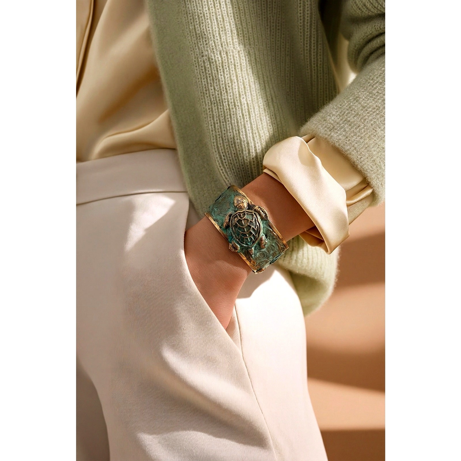 Elaine Coyne Verdigris Patina Brass Three Turtle Cuff Bracelet