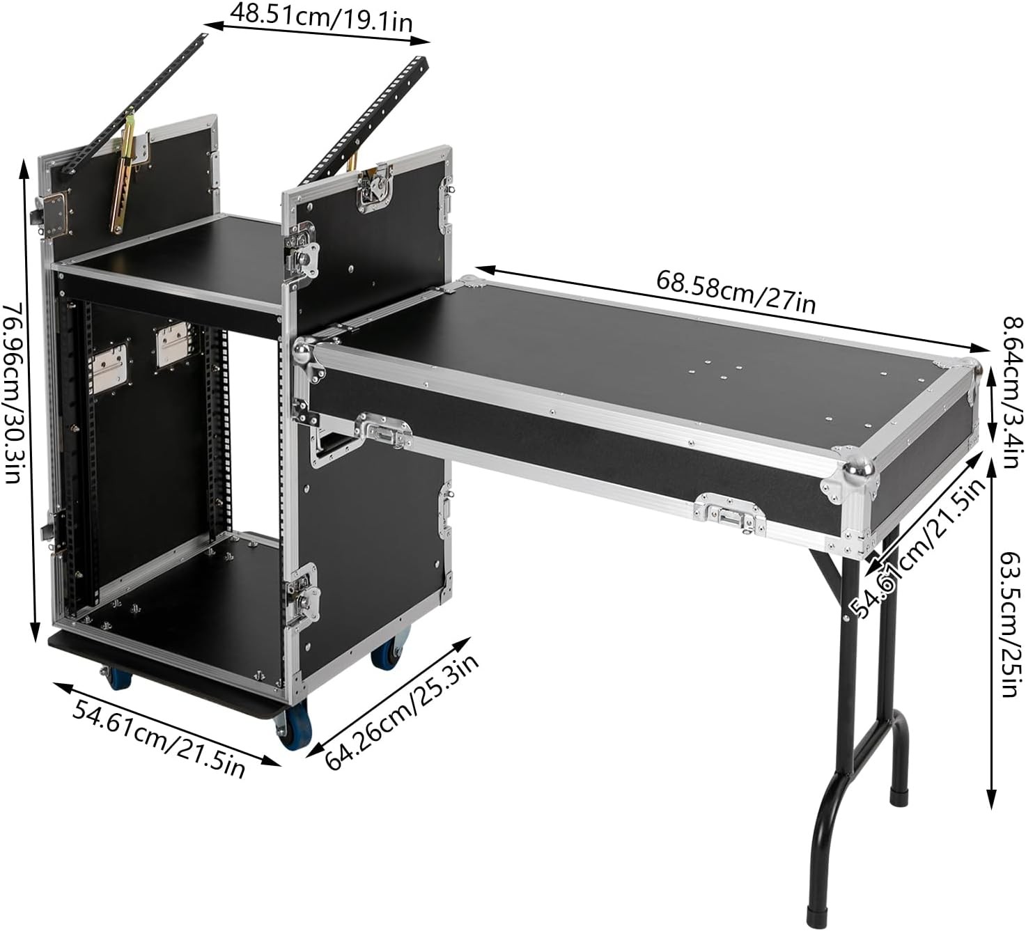PA DJ Rack w/ 2-tier DJ Table Top 14 Space Rack Case w/ Slant Mixer Top & Caster