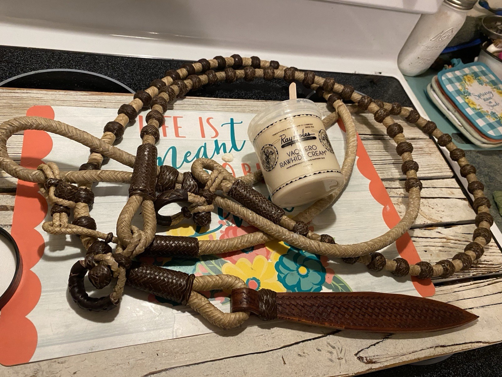 Vintage Western Braided Rawhide Romel  / Romal Reins 60 Brown Buttons Vaquero