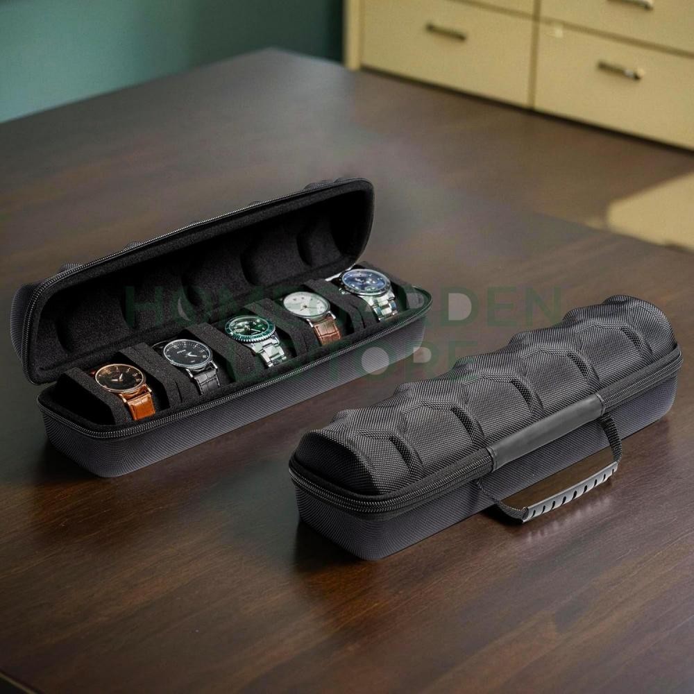 5-Compartment Portable Watch box - With Handle, Flip-Top Lid, and Soft Lining