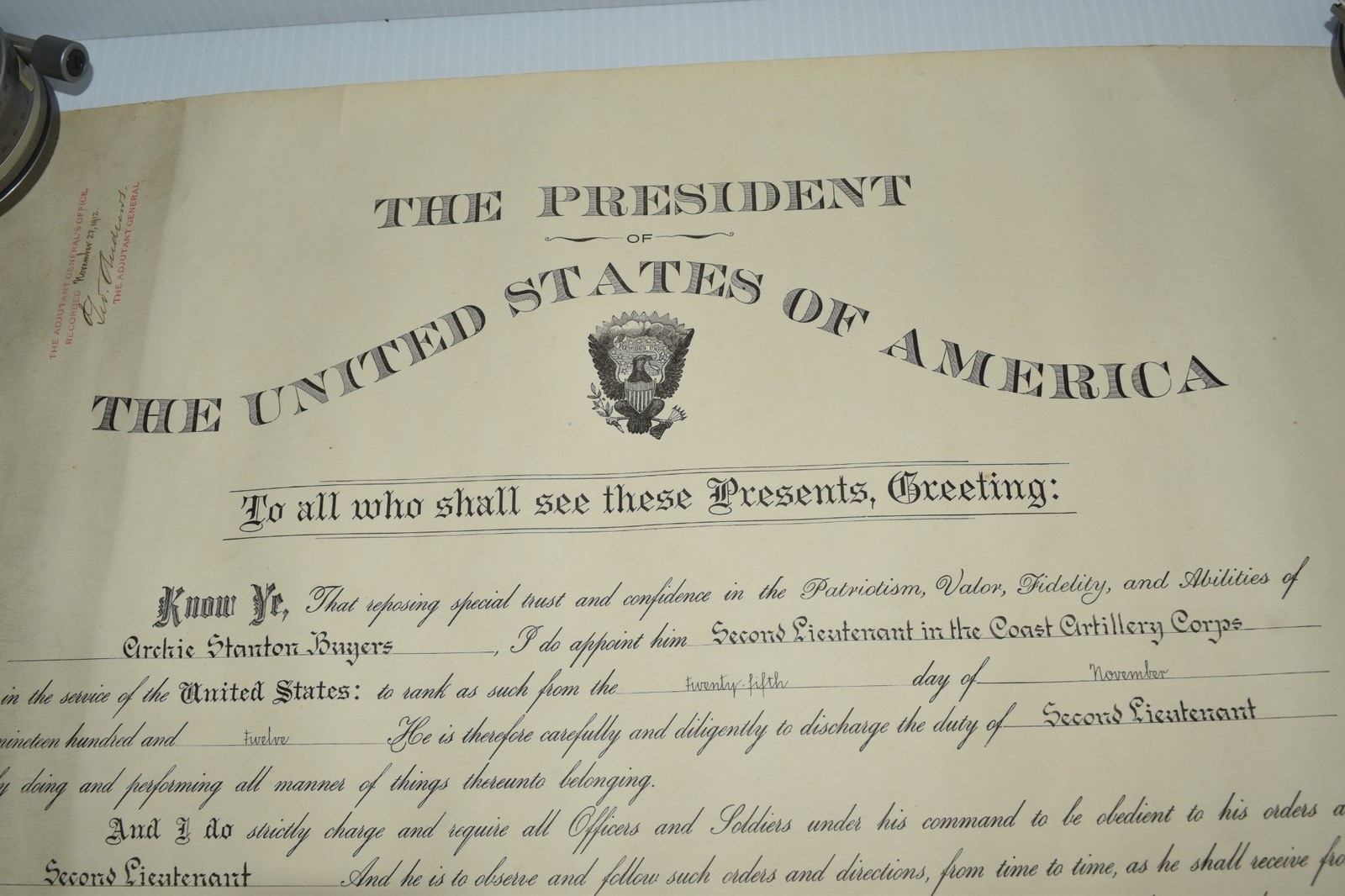 US OFFICIAL MILITARY COMMISSION NOV 1912 SIGNED BY PRESIDENT WILLIAM TAFT (AYK2)