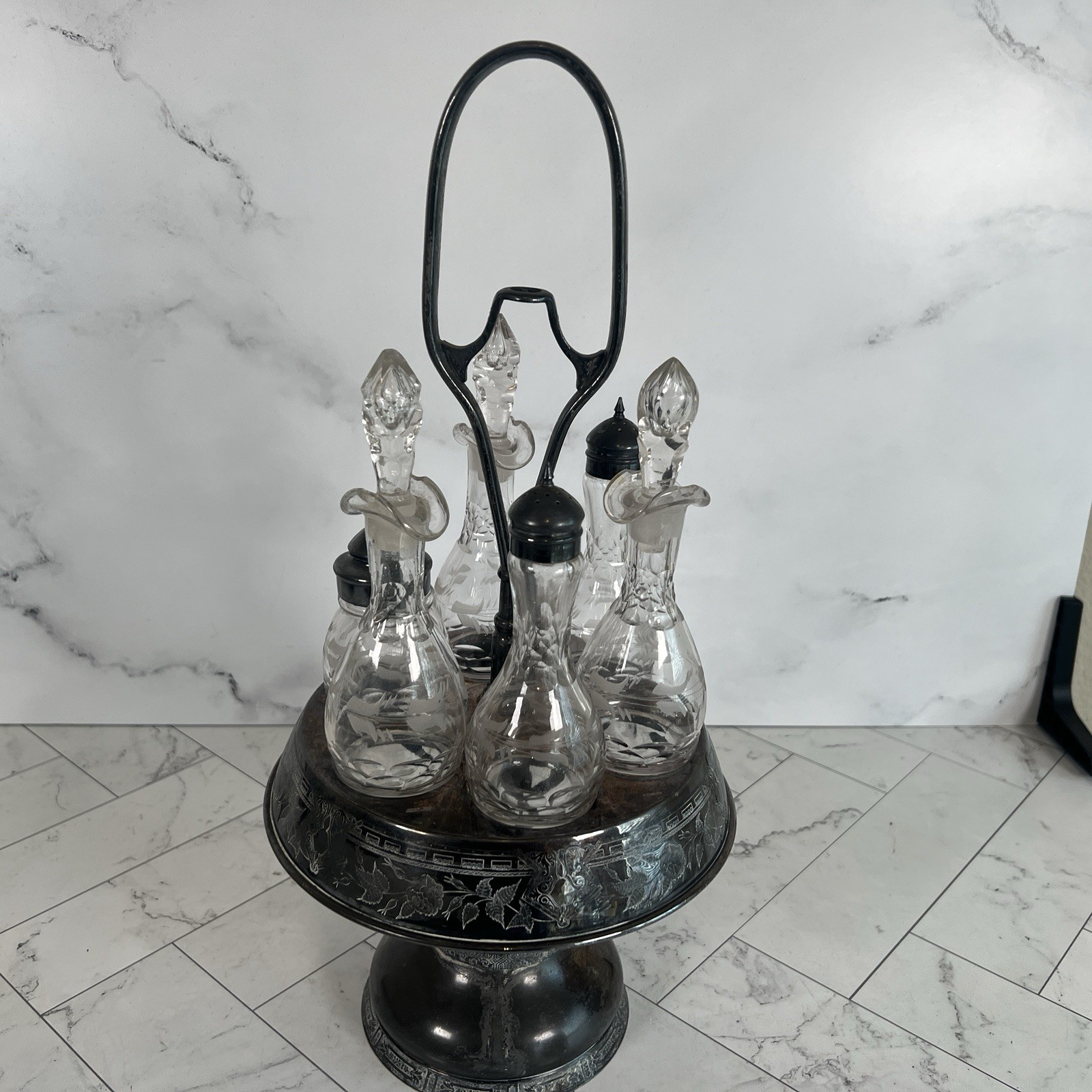 Antique 1800's Wilcox Silver Plate Cruet Condiment Set #0578 6 Etched Bottles