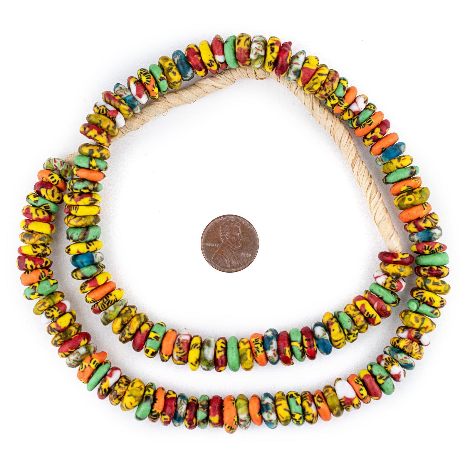 Sunyani Medley Fused Rondelle Recycled Glass Beads 11mm Ghana African Multicolor