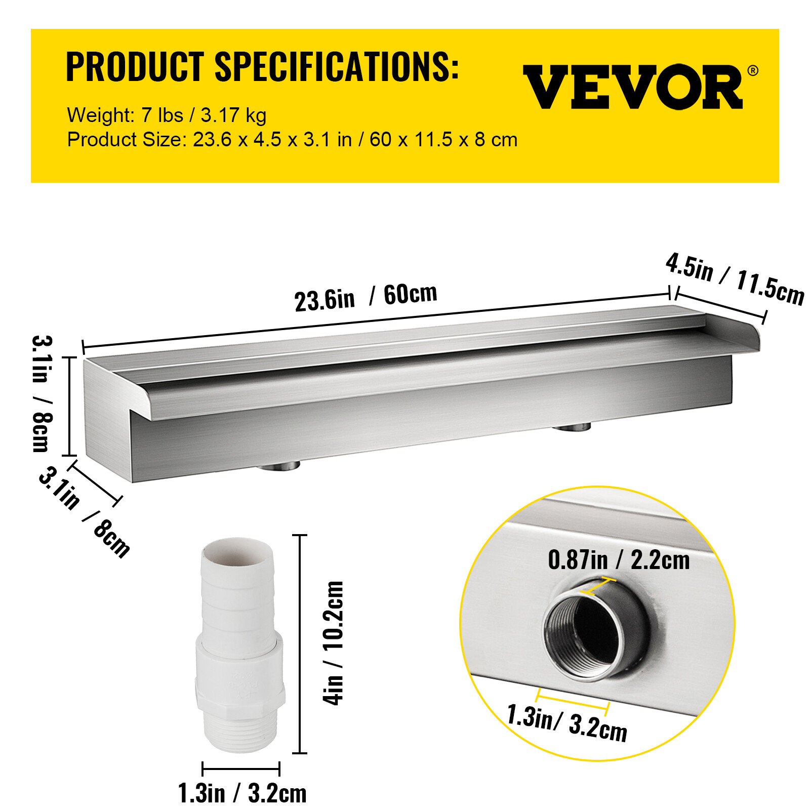 VEVOR 23.6" Pool Fountain Waterfall Spillway, Stainless Steel