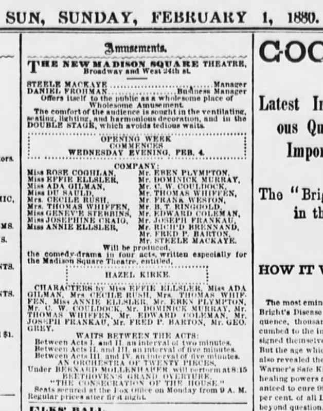 2256---c.1880 Madison Square Theatre program NYC - Hazel Kirke