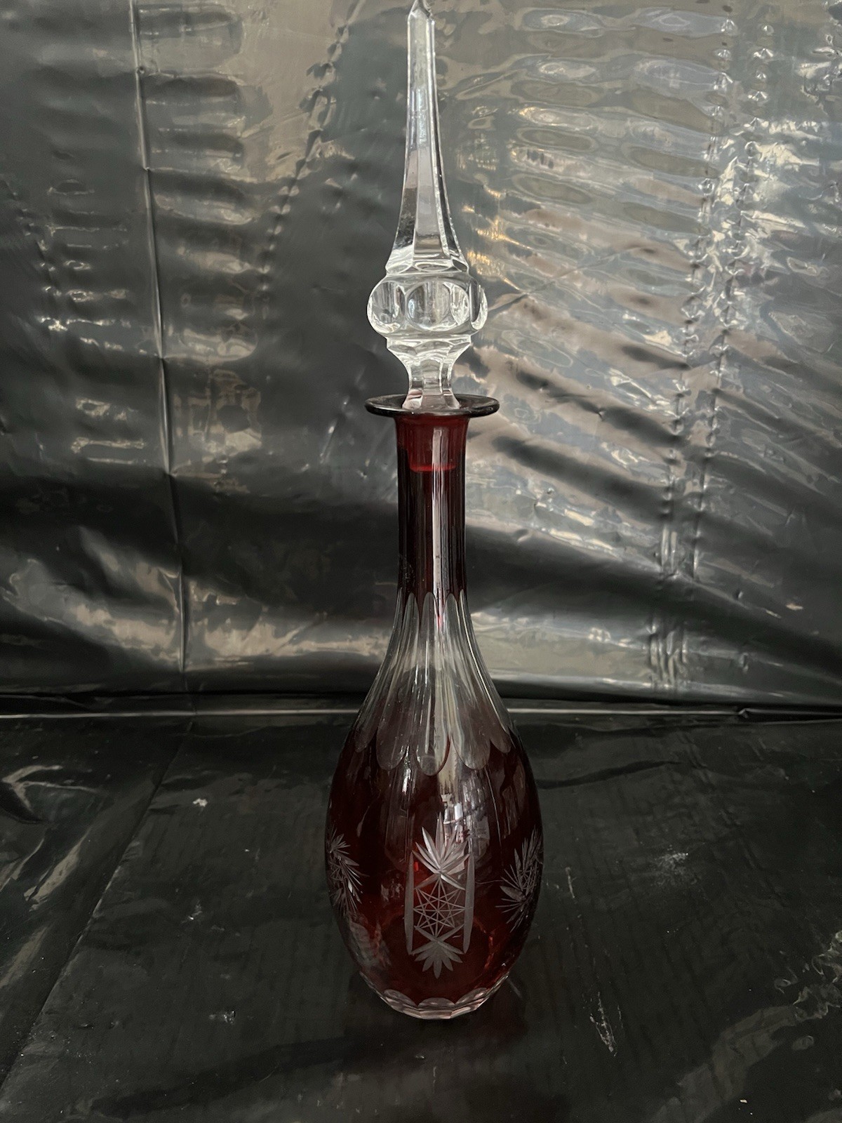 VINTAGE Ruby Red Cut to Clear Crystal Decanter [725]