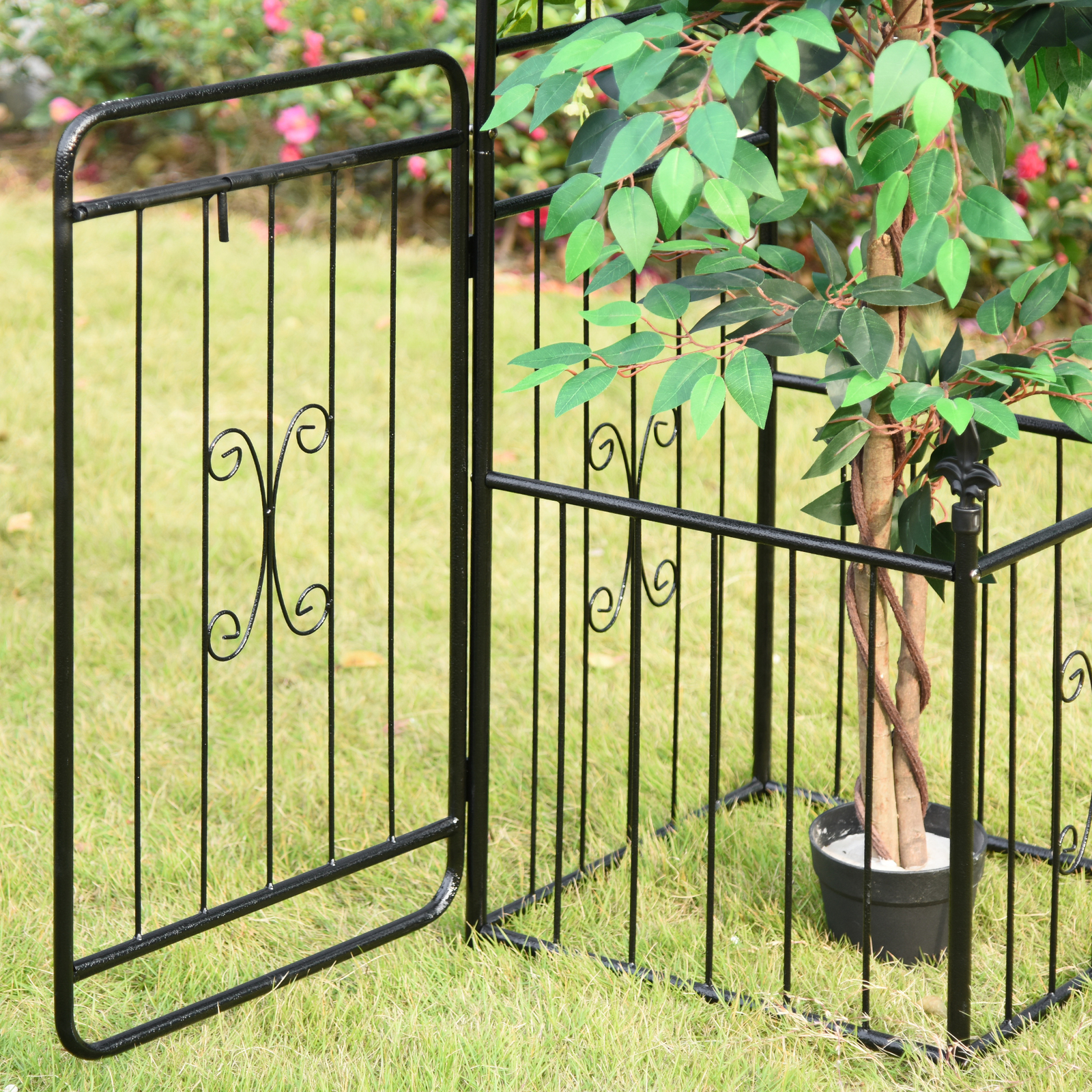 Outdoor Decorative Steel Backyard Gate & Trellis w/ Two Door Design & Scrollwork