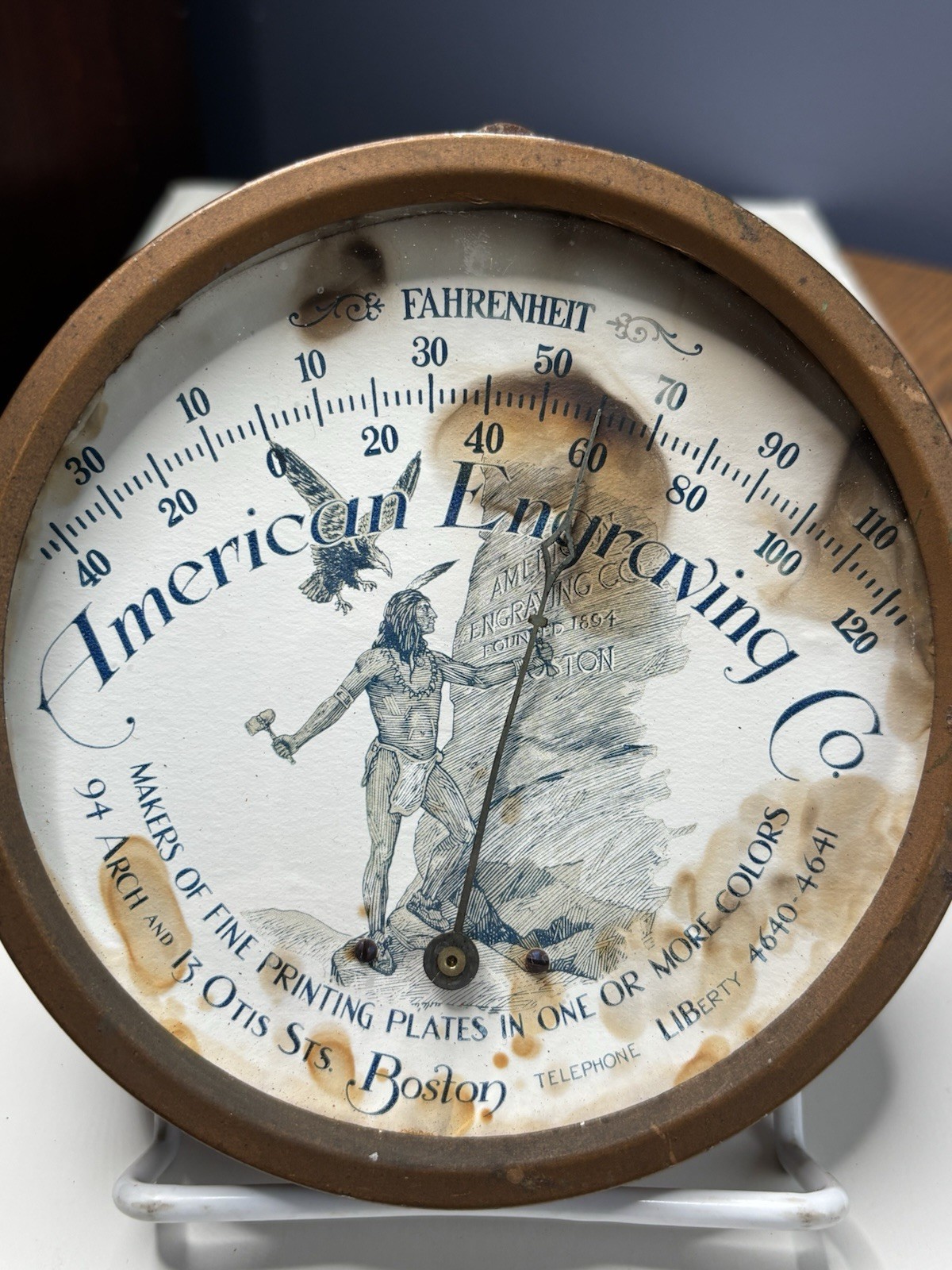 Antique Original RARE American Engraving Thermometer Trade Sign Indian Eagle MA