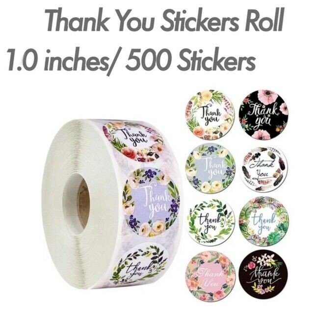 2 Roll of 1000Pcs 1" Thank You Stickers Handmade DIY Party Flowers Round Labels