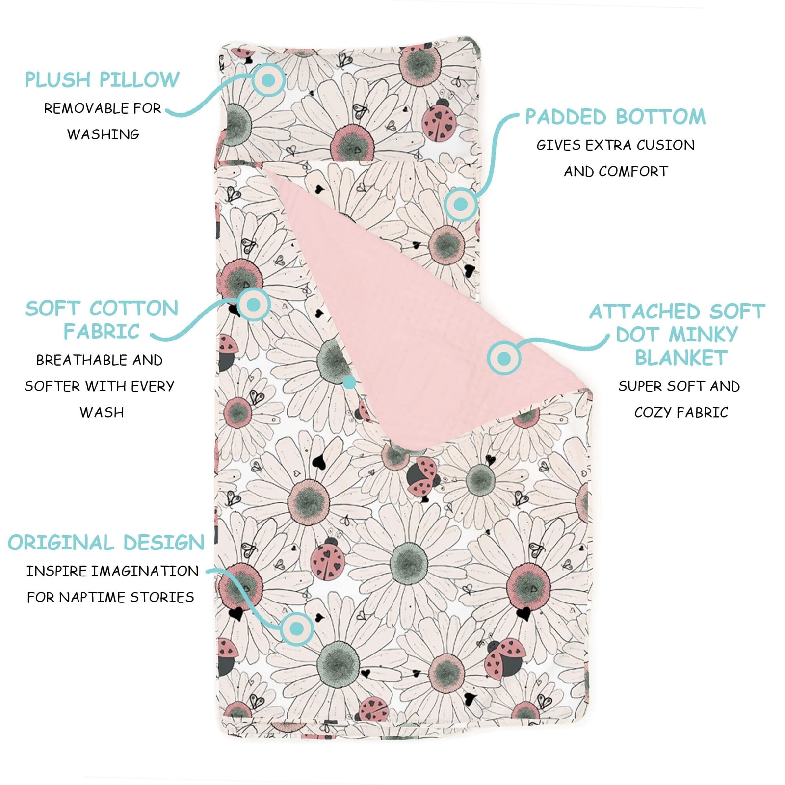 JumpOff Jo Toddler Nap Mat with Removable Pillow, Floral / Daisy Bug ( 53"x21")