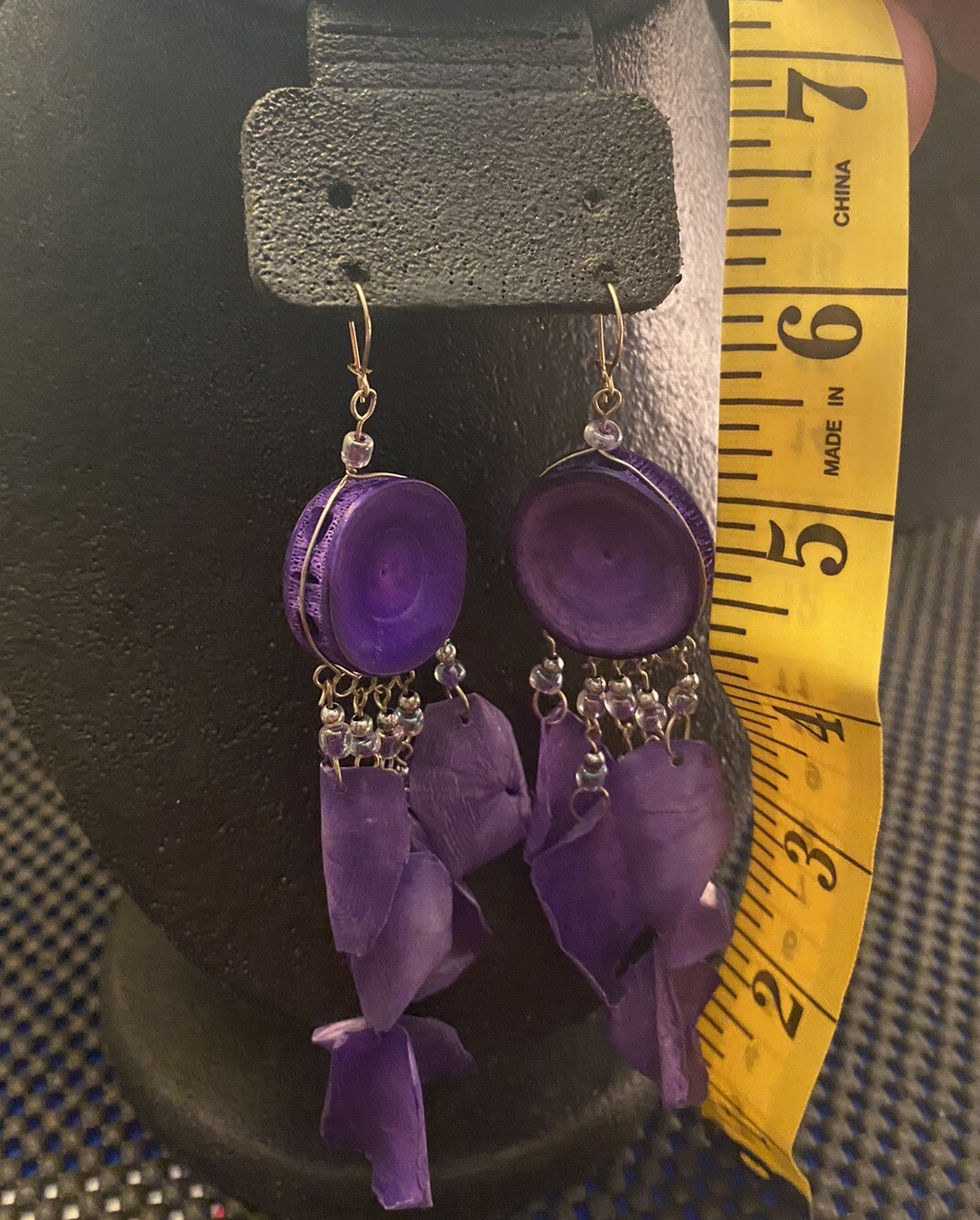 Artisan Purple Scales Leaf Shape On Round Sea Life Discs Dangle Beaded Earrings