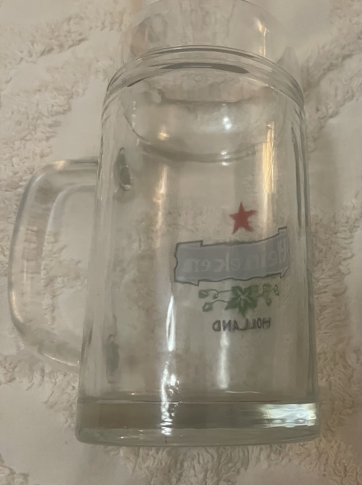 Vintage Heineken Holland Heavy Duty Glass Beer Stein Mug 8”Tall 1-Liter