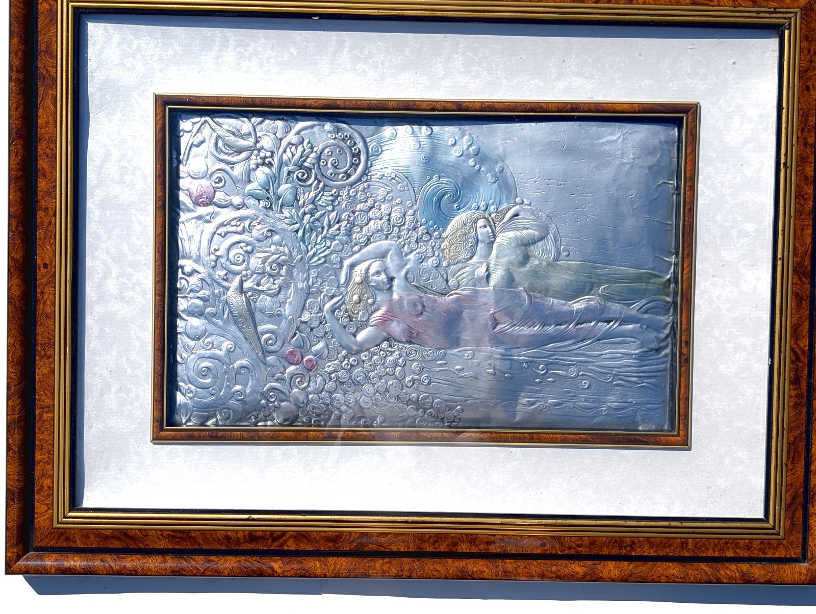 Large Vtg Art Nouveau Sterling Silver Argento Italy Colored Framed Art Plaque