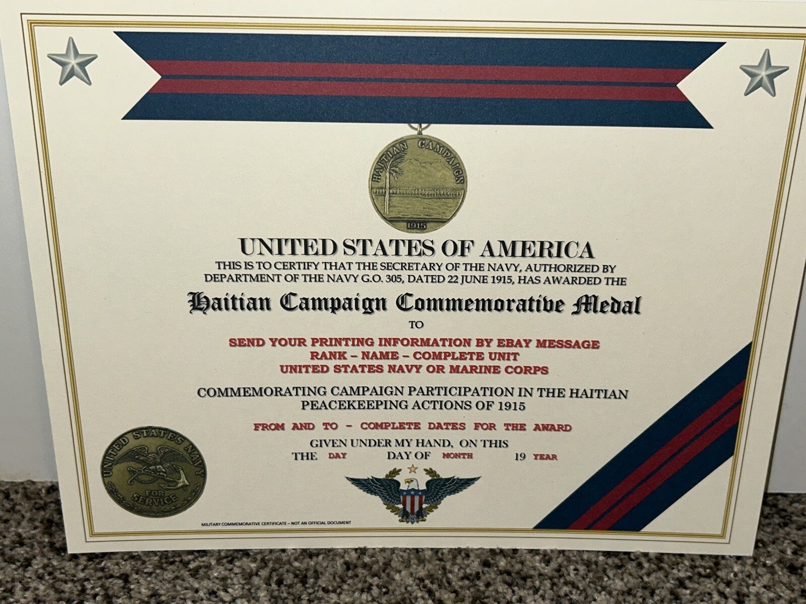 HAITIAN CAMPAIGN (NAVY) COMMEMORATIVE MEDAL CERTIFICATE ~ W/PRINTING TYPE-1