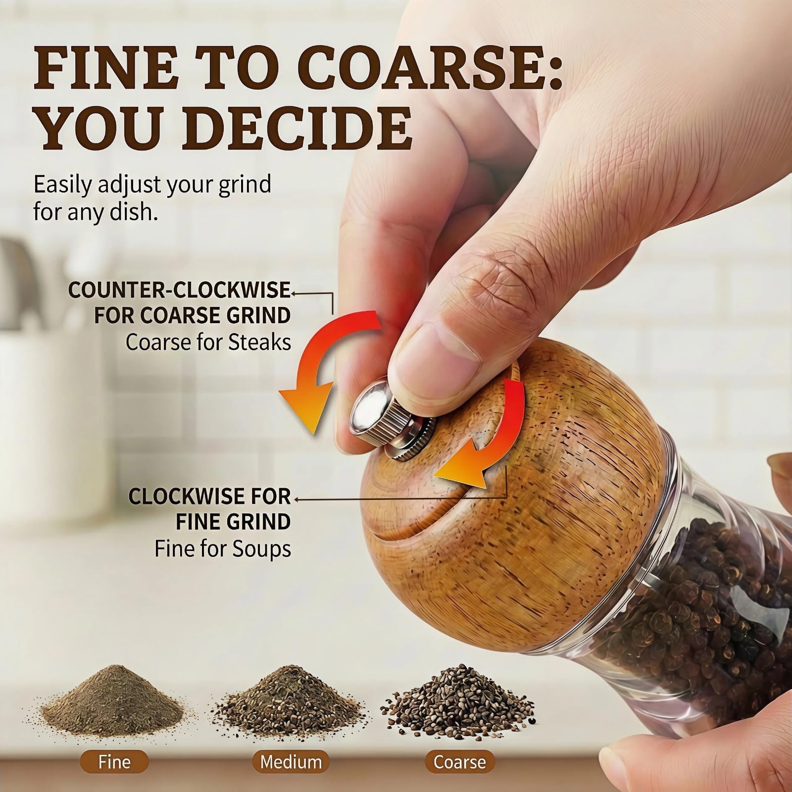 Wood Salt and Pepper Grinder Set 6.3in Adjustable Ceramic Mills w/ Tray