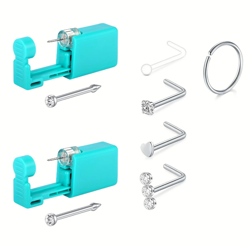7pcs Nose Piercing Kit Disposable Gun Nose Rings Stud Set Jewelry Tool - NEW