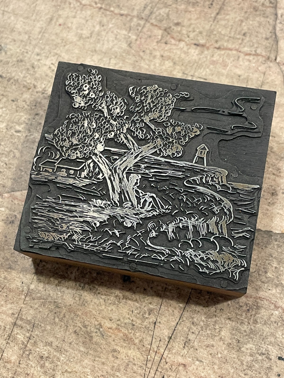 Printing Letterpress Printers Block Coastal Scene Tree Lighthouse Home (1583)