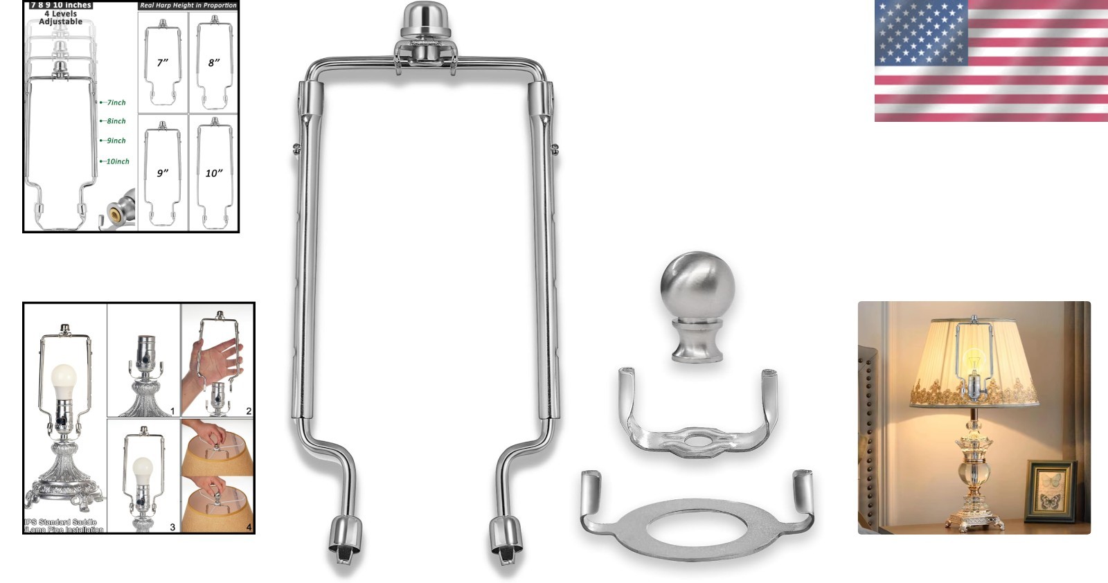 Elegant Adjustable Lamp Shade Harp Holder 7-10 Inches with Silver Finish