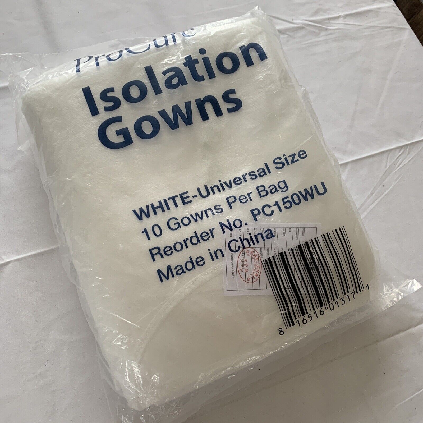 ProCure Isolation Gown White PP Non-Woven Fabric 1 pc Universal Size New