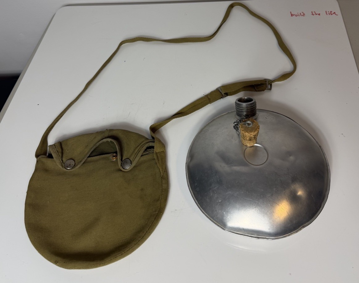Vintage Military Metal Canteen W/Cloth Carrier, Cork Stop, Adjustable Strap