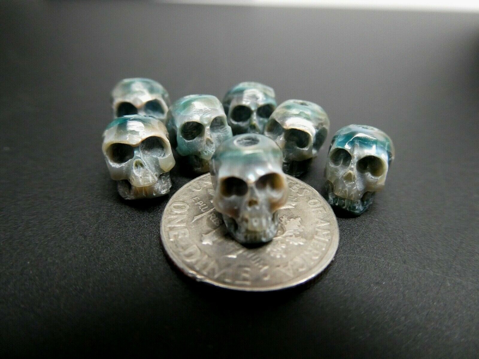 Skull Bead Rare Intricate Detail Hand Carved Blue Genuine Pearl Large Hole Bead
