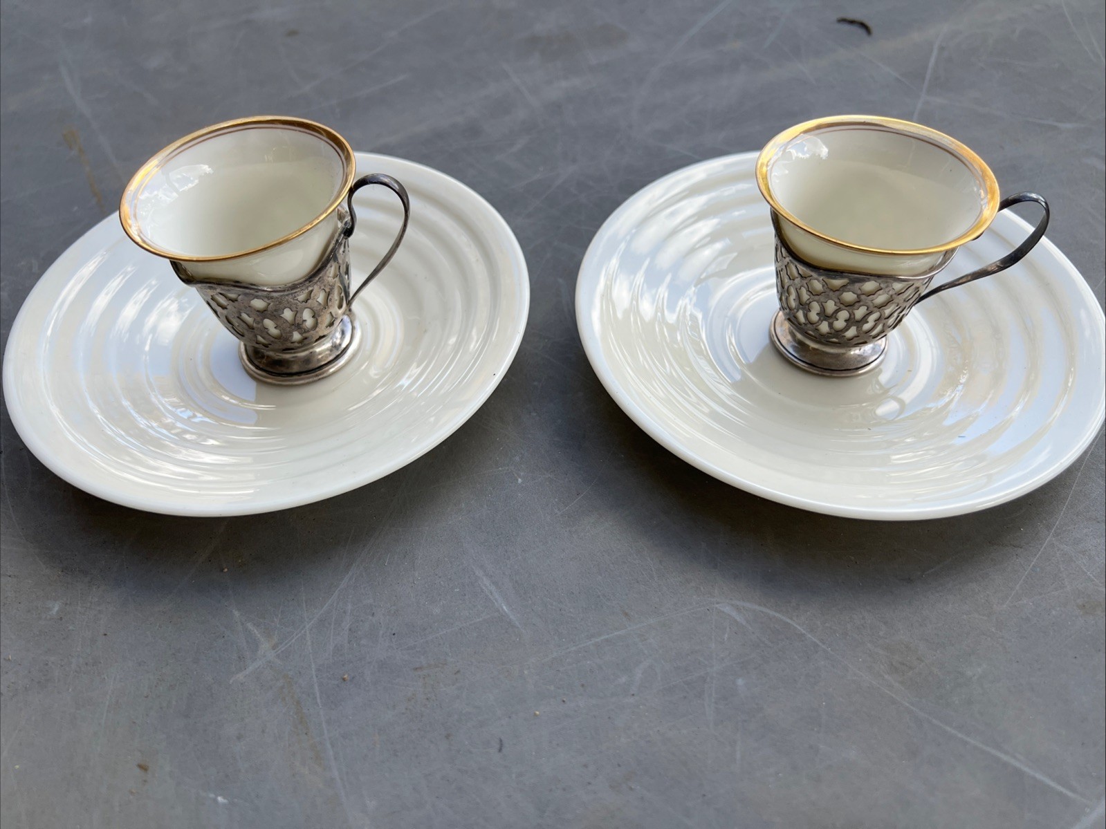 2 STERLING Silver (44.3g) SOLID SILVER + LENOX Cups & Saucers 1920-40 3”