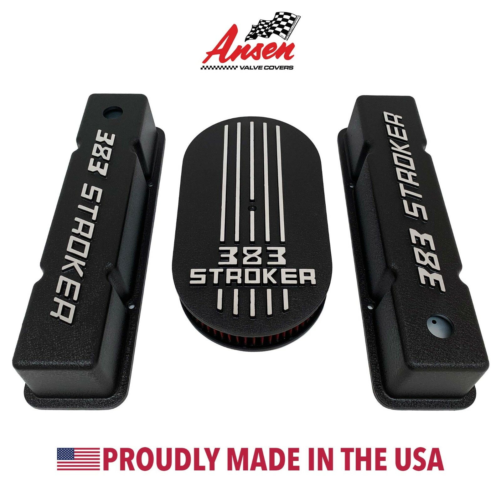 383 STROKER Valve Covers & Air Cleaner Kit - Black with Raised Logo - Ansen USA