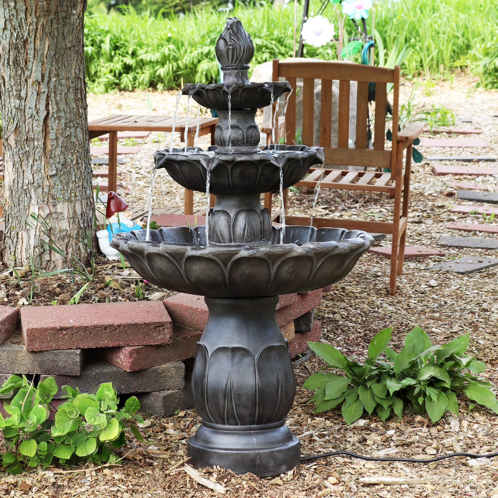 Sunnydaze Classic Tulip 3-Tier Outdoor Fountain, Dark Brown