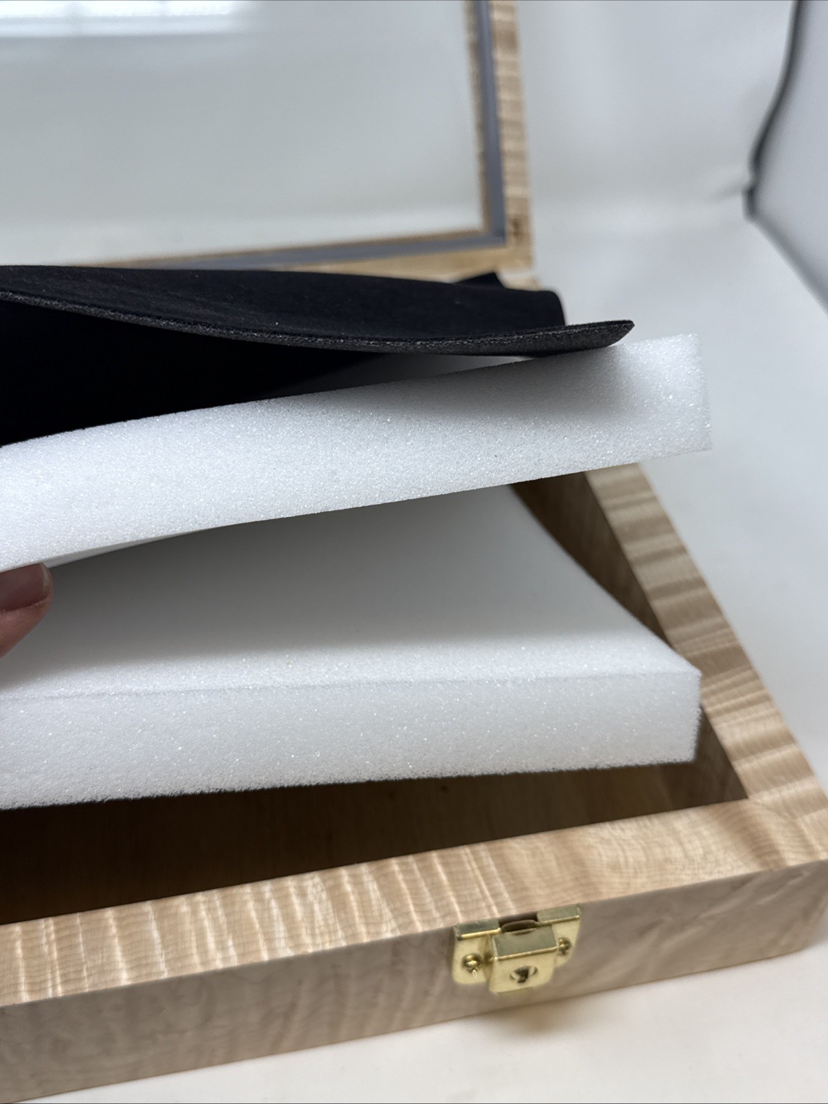 Curly Maple Wood Display Case 12 x 18 x 3” Black Liner for Arrowheads or Knives