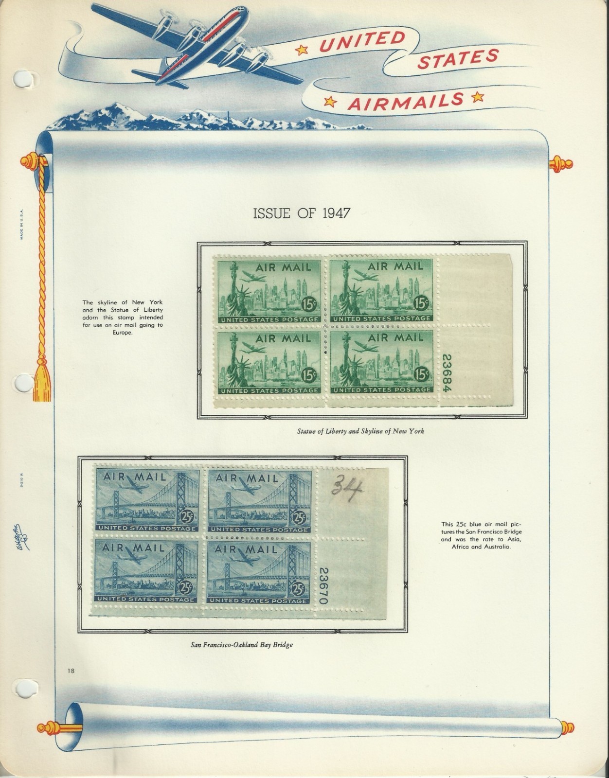 USA Stamps: Air Mail Plate Blocks & Singles on White Ace Album Pages. SCV $350+