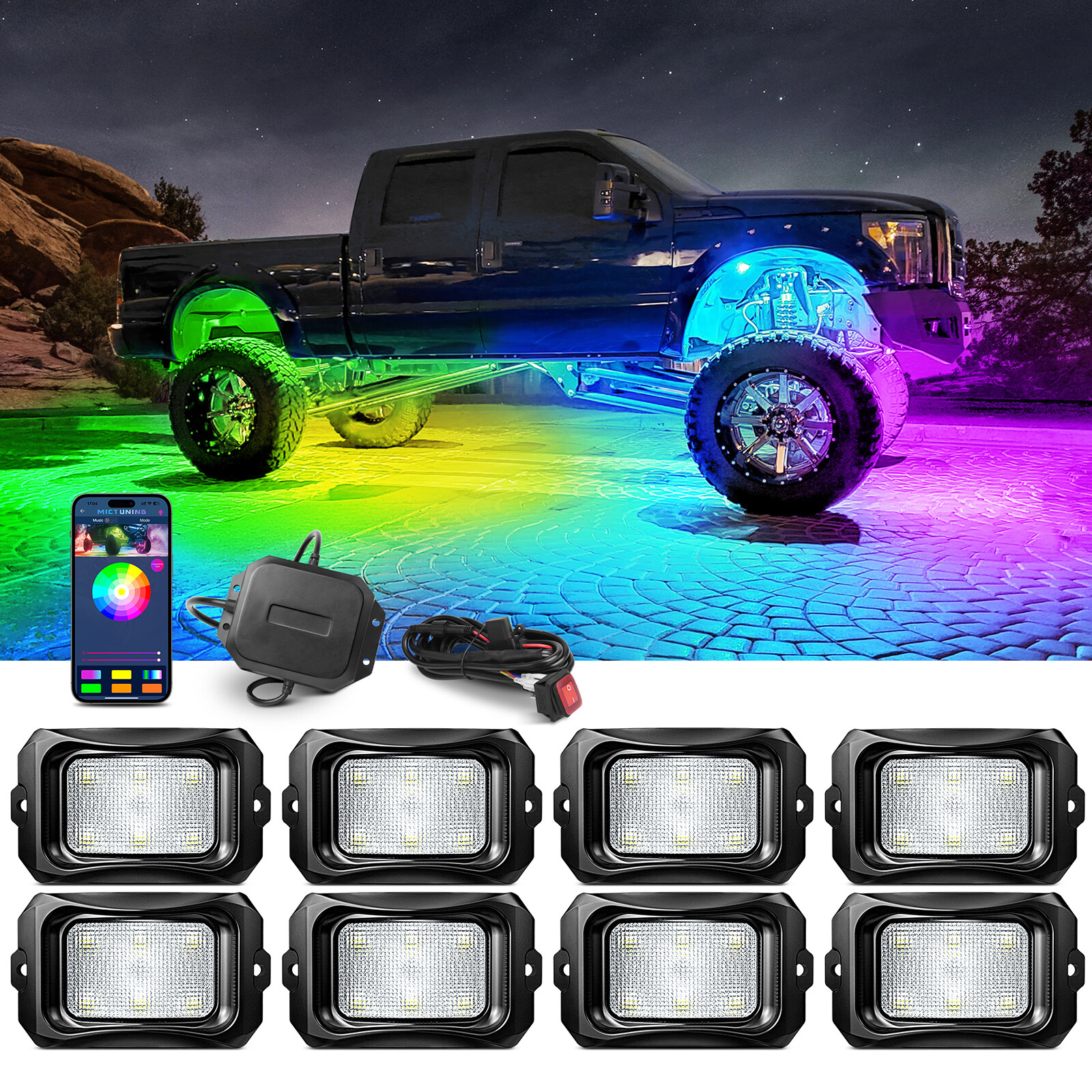 MICTUNING 8 Pods RGB+IC Chasing LED Rock Lights - Underglow Neon Light Kit Truck