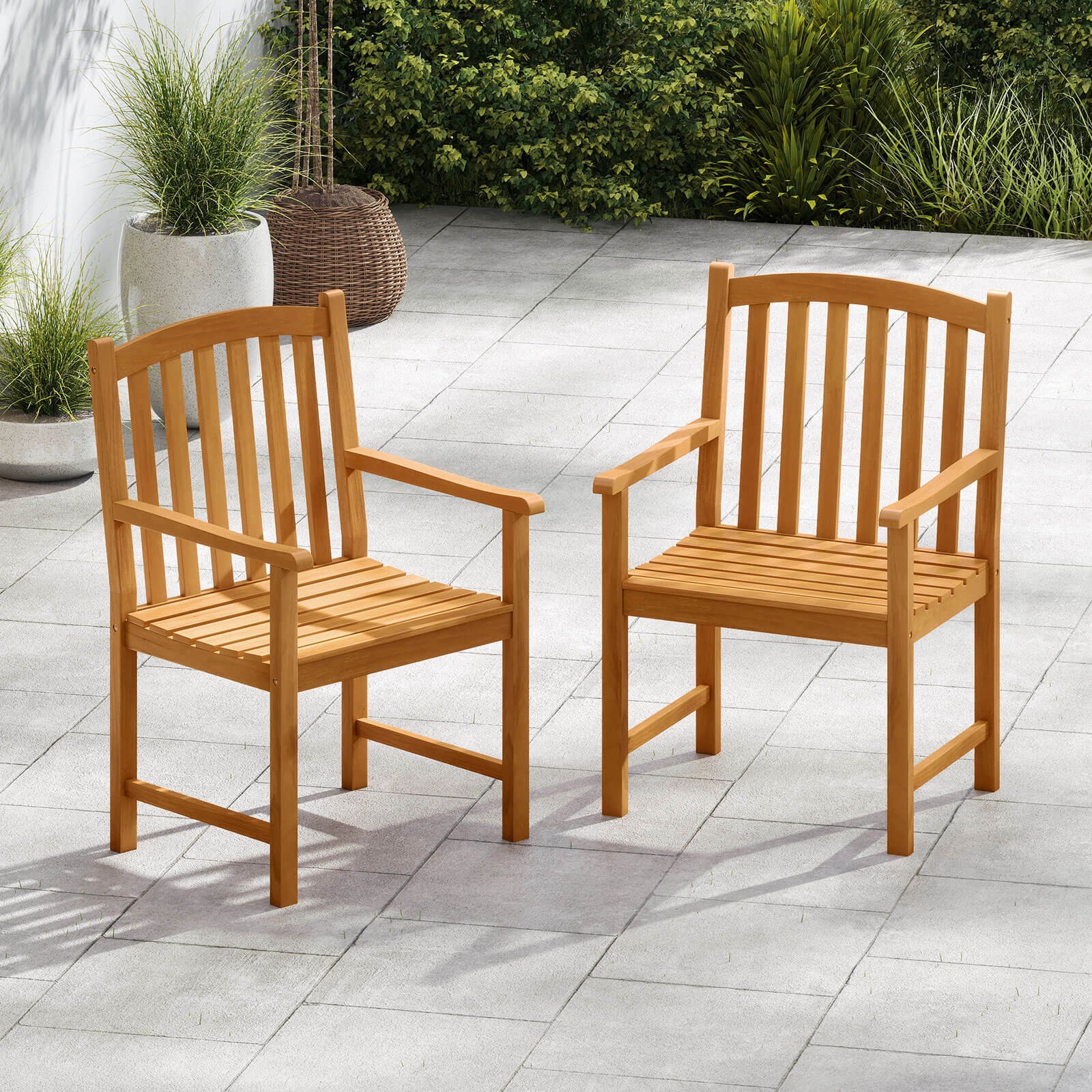 2PCS Outdoor Dining Chairs Acacia Wood Slatted Patio Chairs w/ Inclined Backrest
