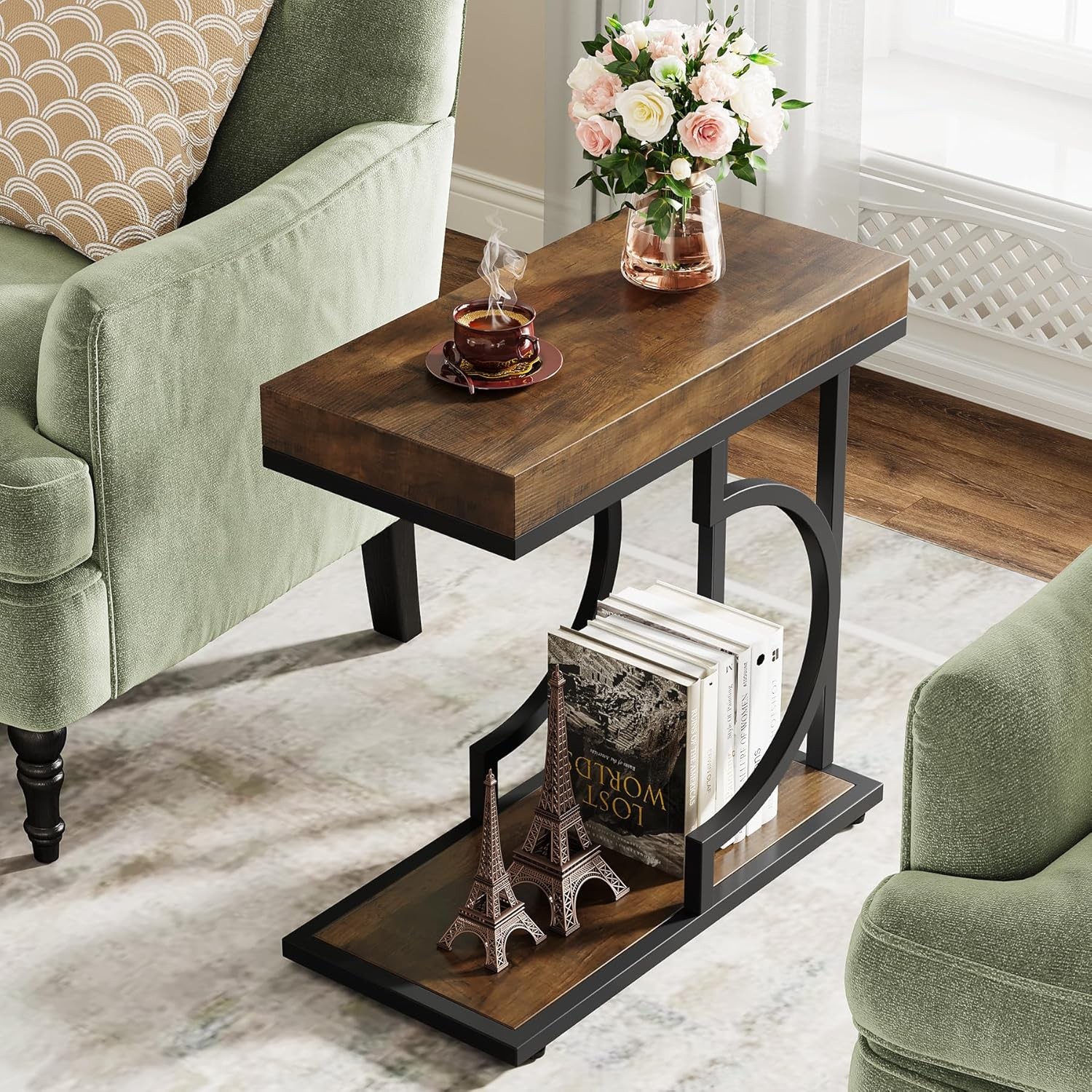 C Shaped End Table, Modern Narrow Side Table with Metal Frame for Living Room