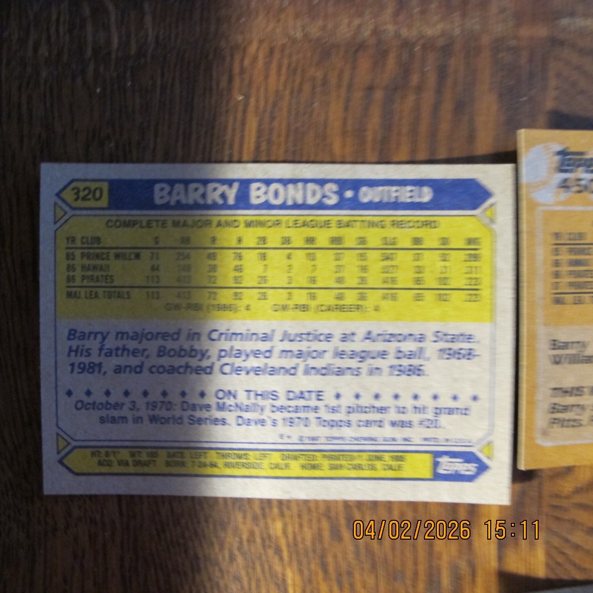 6 Barry Bonds Baseball Cards,