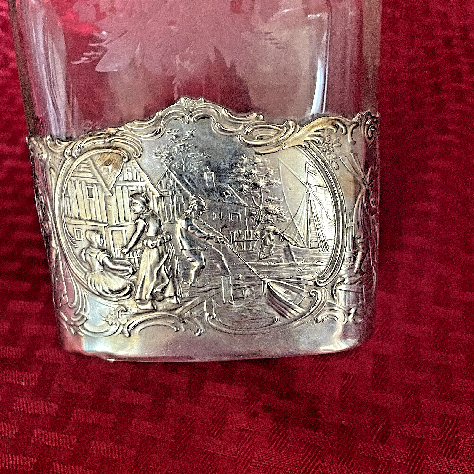 ANTIQUE GERMAN HANAU .800 SILVER OVERLAY ON ETCHED DECANTER