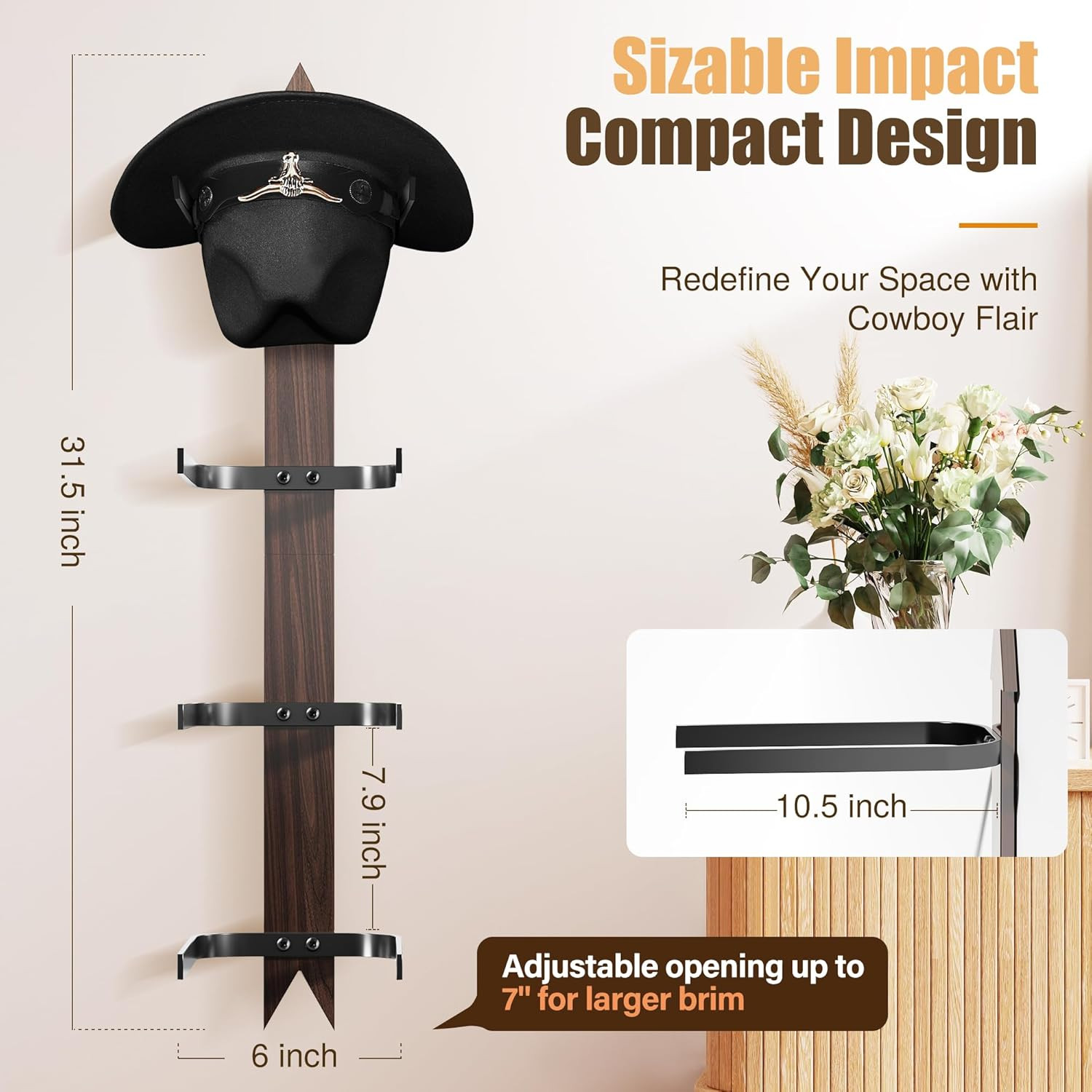 Cowboy Hat Rack Holder Wall Mount Holds up to 4 Hats Wooden Western Rustic Metal