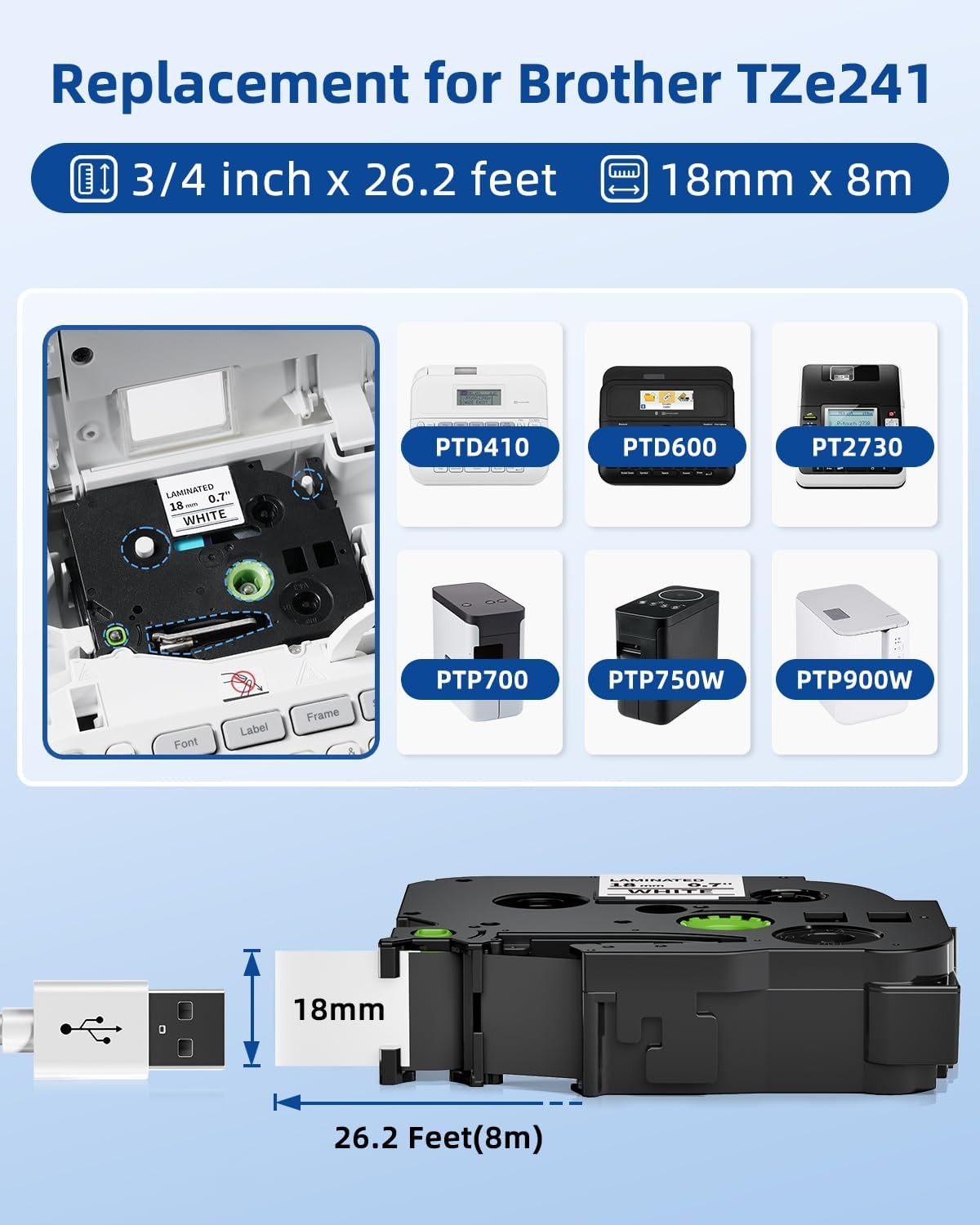 5PK TZE-241 Tape 18mm Laminated White Compatible for Brother P-Touch US seller