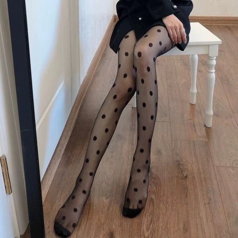 NEW LARGE POLKA DOT PRINT PANTYHOSE SHAPED STOCKINGS TIGHTS BLACK THIN SHEER