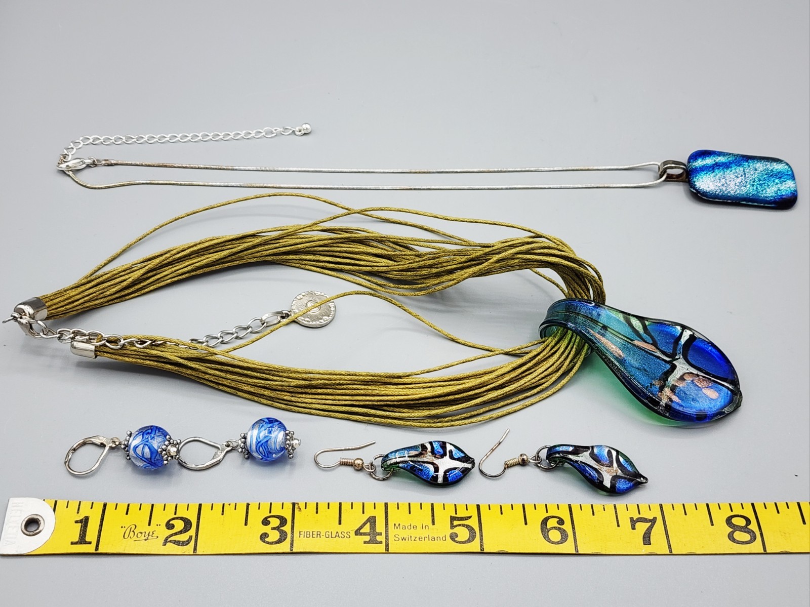 Murano Art Glass Jewelry Bundle Pendant Necklace Earrings Blue Silver Tone