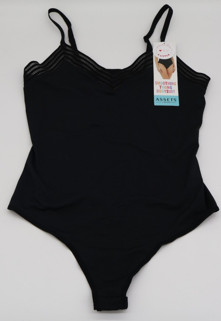 ASSETS by SPANX Women's Lace Trim Thong Bodysuit - Black XL NWT