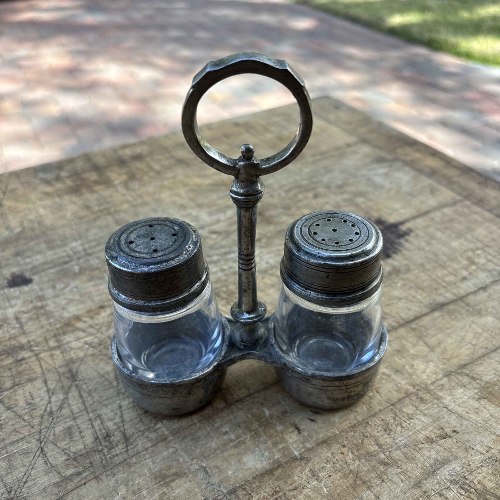 Antique Arte Italica Tavola SM Salt and Pepper with caddy Glass & 95% Pewter