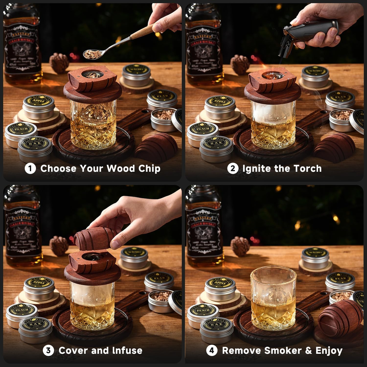 Whiskey Smoker Kit with Torch - 6 Flavors Wood Chips, 2 Glasses, 2 Ice Ball Mold